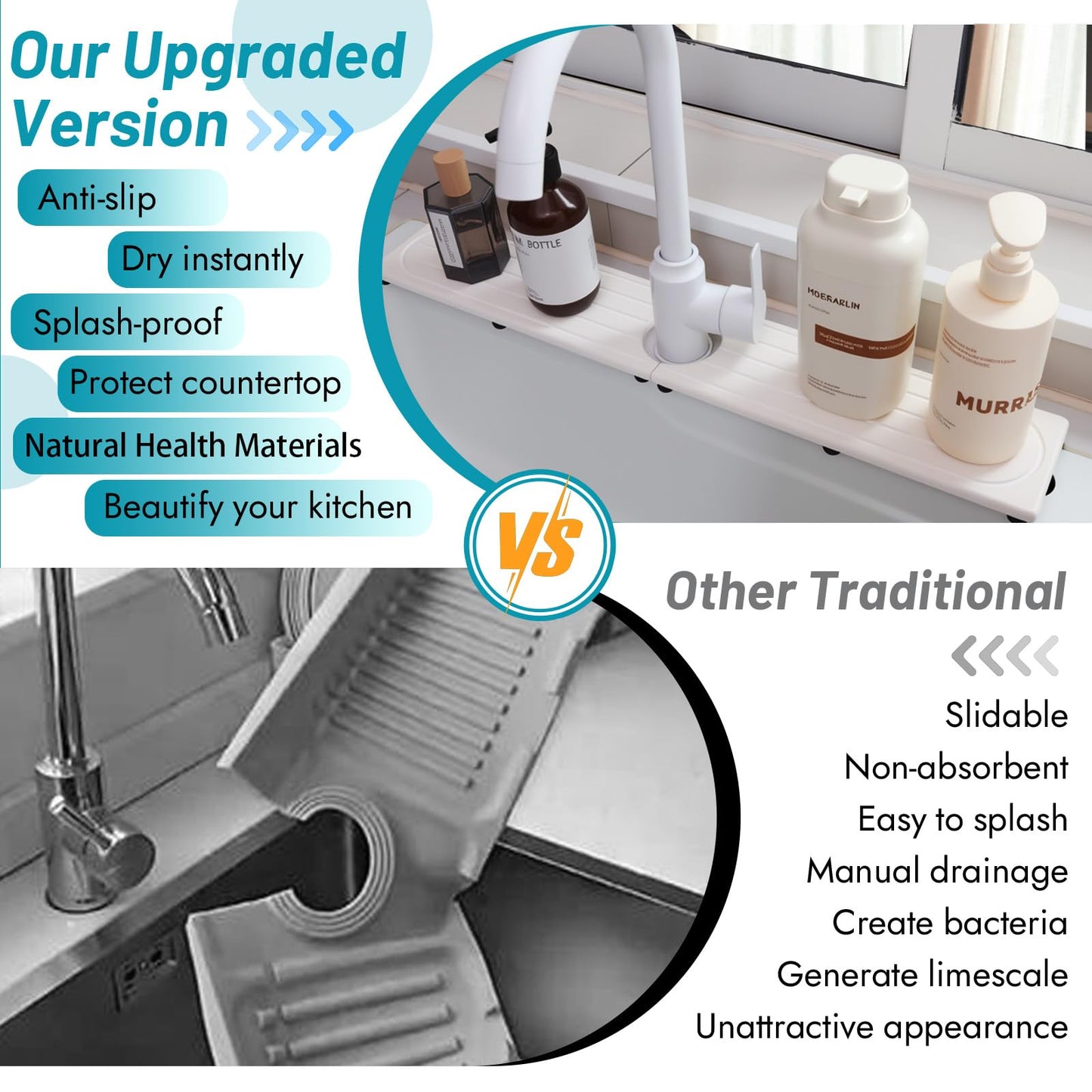 Fast Drying Stone Faucet Mat for Kitchen Sink with Raised Feet, Water Absorbent Diatomite Stone Sink Tray, Faucet Sink Splash Guard, Prevents Moisture Buildup, Durable Protector for Bathroom Counter