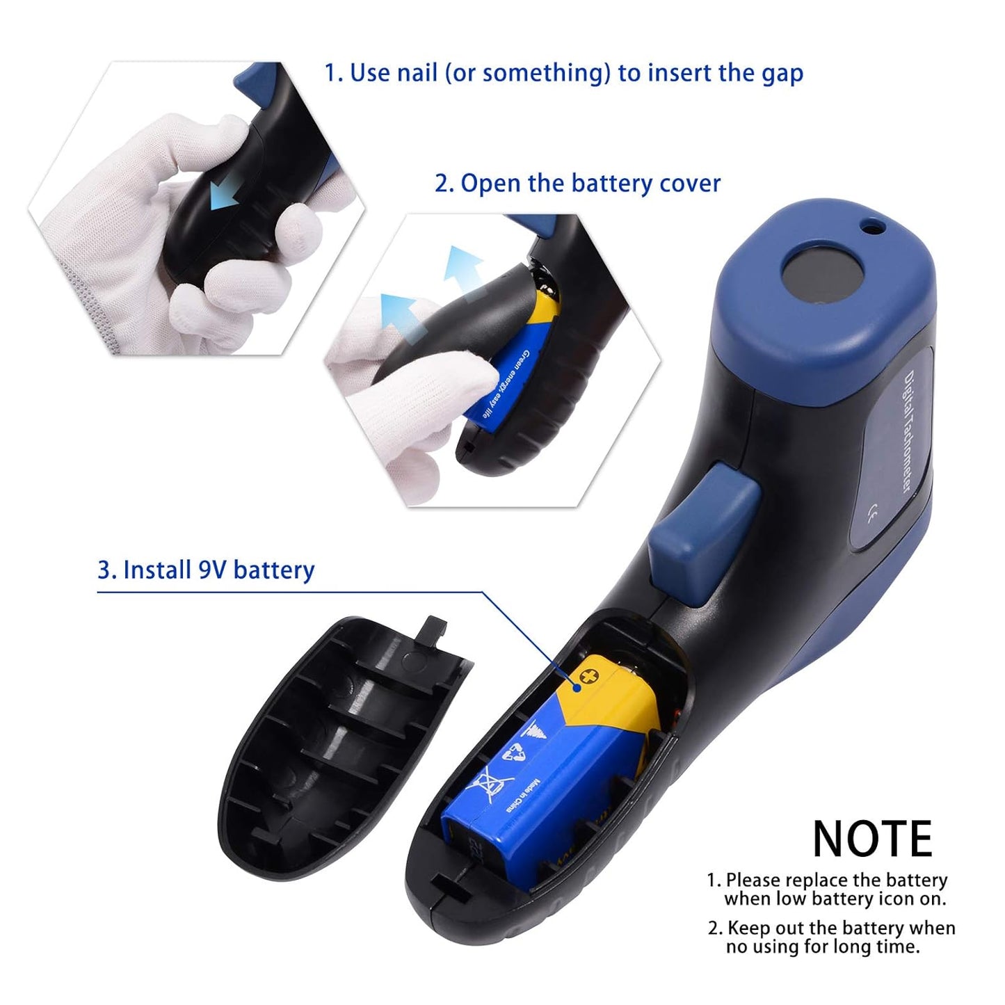 EHDIS Digital LCD Photo Tachometer Non-Contact RPM Meter Motor Speed Gauge Gun Style Includes 10 Reflective Tapes