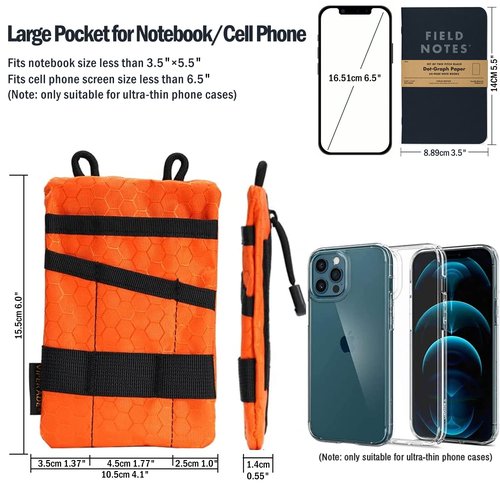 VIPERADE VE1-P Pocket Organizer, EDC Pocket Organizer Men, EDC Organizer Pouch Tool Pouch with 5 Tool Storage EDC Pouch for Flashlight, Pocket Knife, Tactical Pen, EDC Gear (Orange)