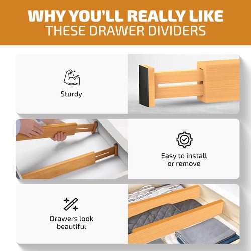 4 Pack Drawer Dividers Bamboo 2.6" High, 16-22" Adjustable Drawer Organizers for Clothes, Expandable Dresser Separators in Bedroom/Bathroom/Kitchen/Office Organization and Storage (Natural)