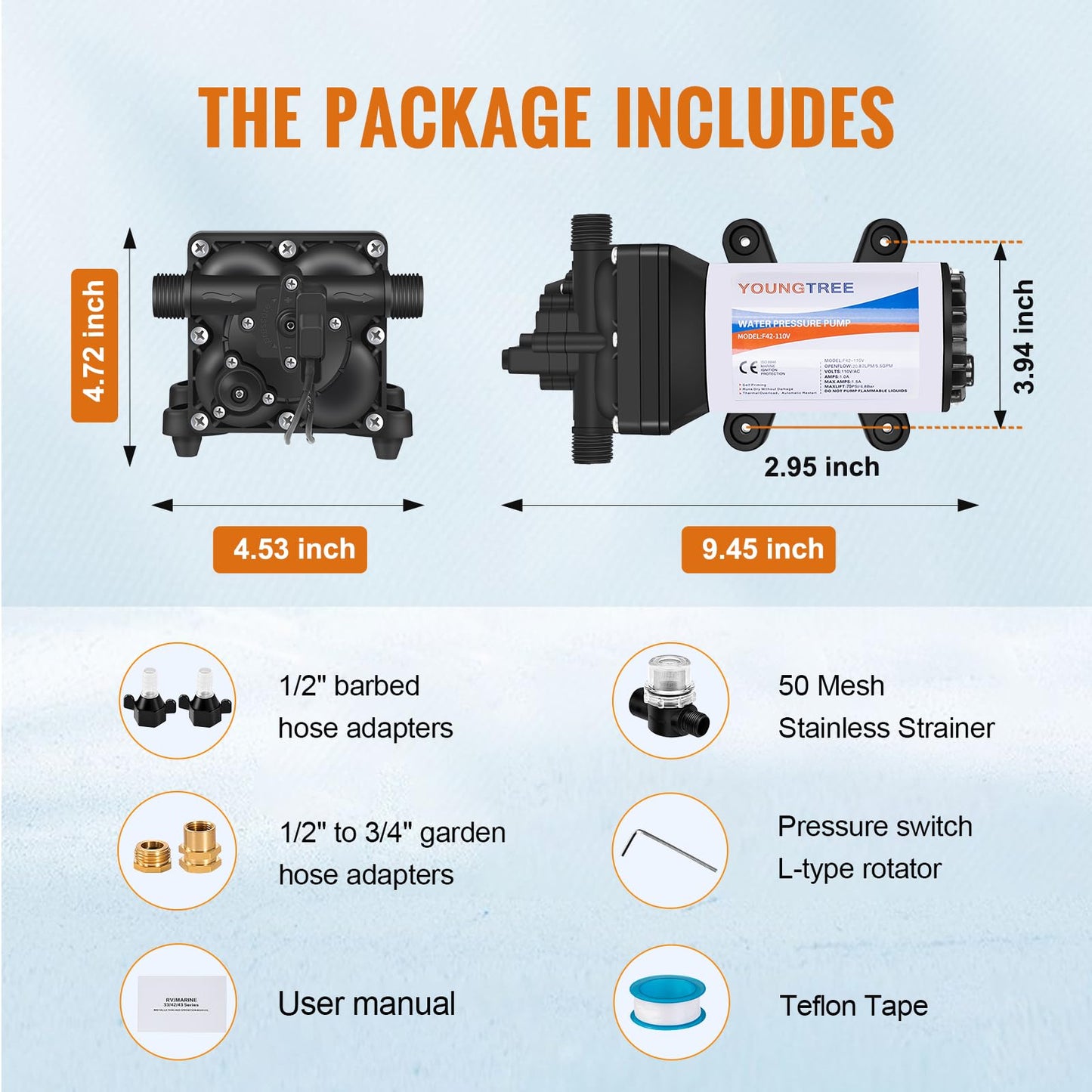 YOUNGTREE Electric Water Transfer Pump 110V AC 5.5GPM 70PSI, 110 Volt Water Pressure Diaphragm Booster Pump On Demand for Home Garden Irrigation Car Washing Rain Barrel Pool Drainage