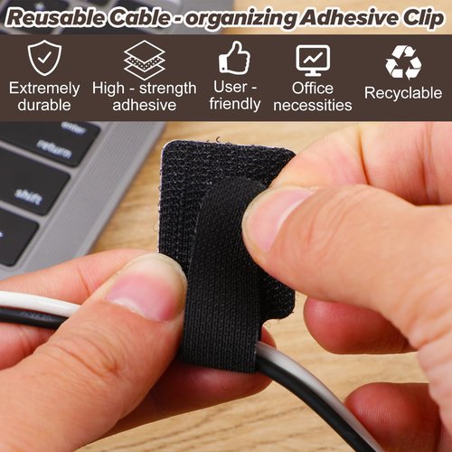 HJZHII 50PCS Hook and Loop Cable Ties, Self Adhesive Hook and Loop Cable Straps Adjustable Cable Management Wire Organizer Adhesive Cord Wrappers Keeper Cord Holder Cord Organizer(Black)