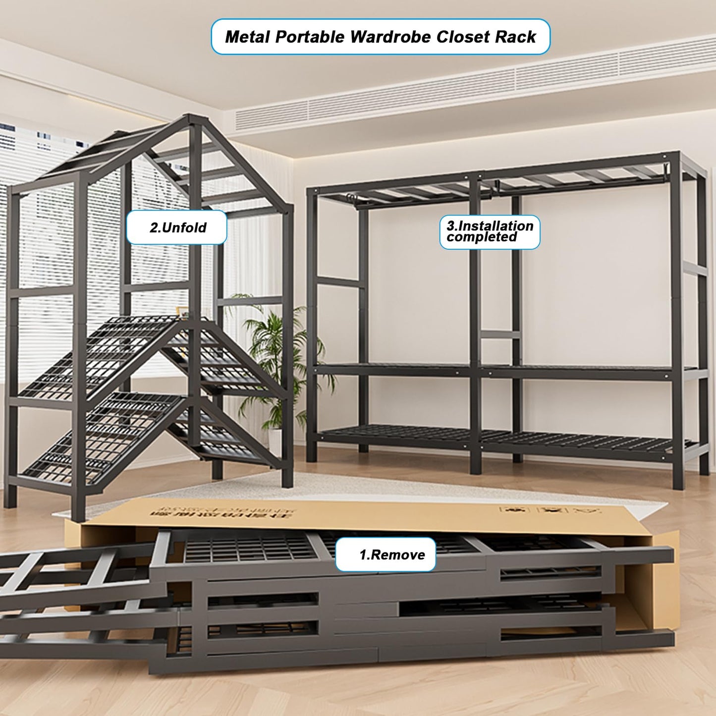FPIGSHS Heavy Duty Clothes Rack with Magnetic Door 2000LBS Foldable Portable Wardrobe Closet for Hanging Clothing Rolling Garment Rack on Wheels for Bedroom Closet System (A(Black Door), 49.2in)