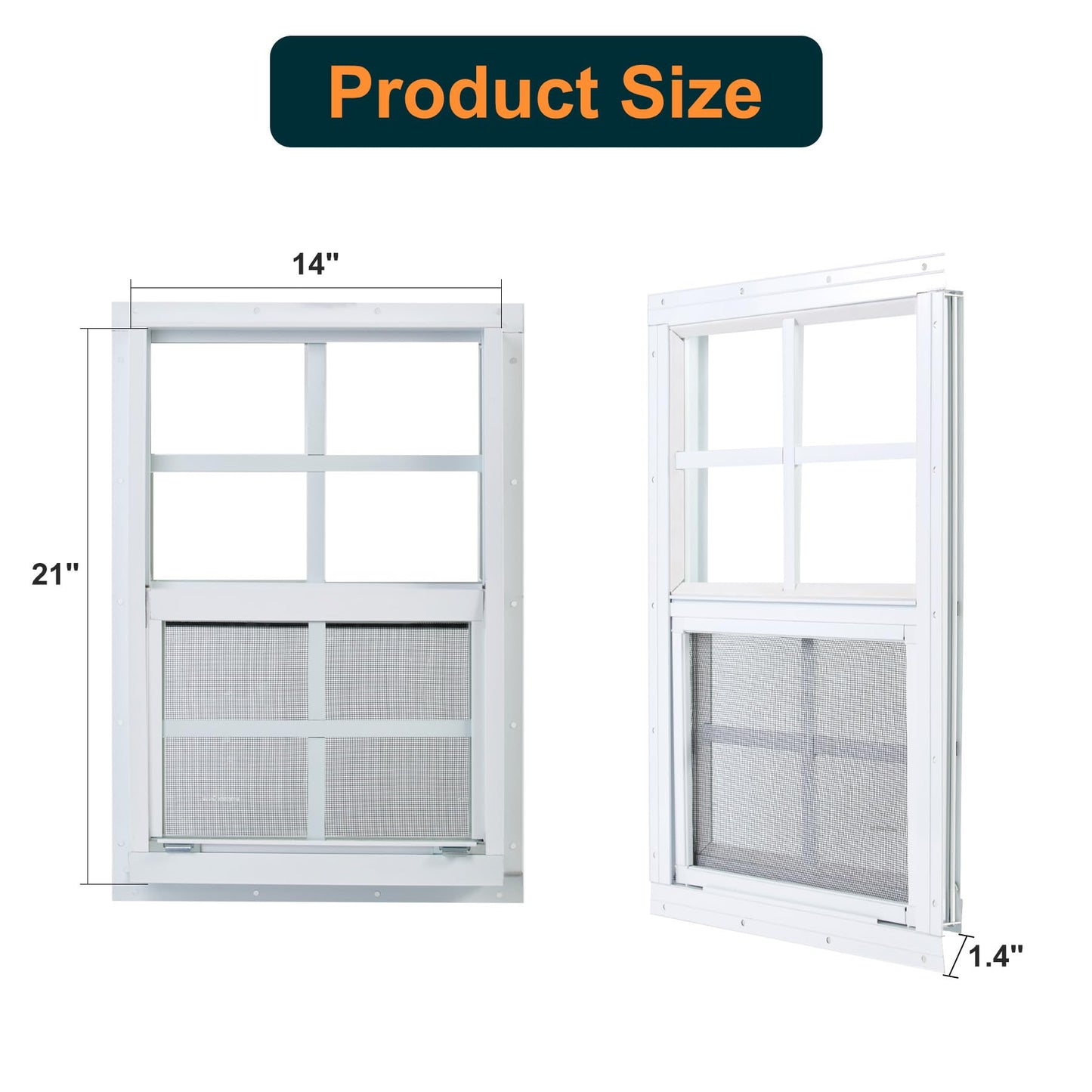 Kevirice Shed Window 2 Pack 14"X21" White Flush Mount Small Sliding Household Windows with Tempered Glass and Fiberglass Screen for Shed,Chicken Coop, Playhouse,Barns,Garage