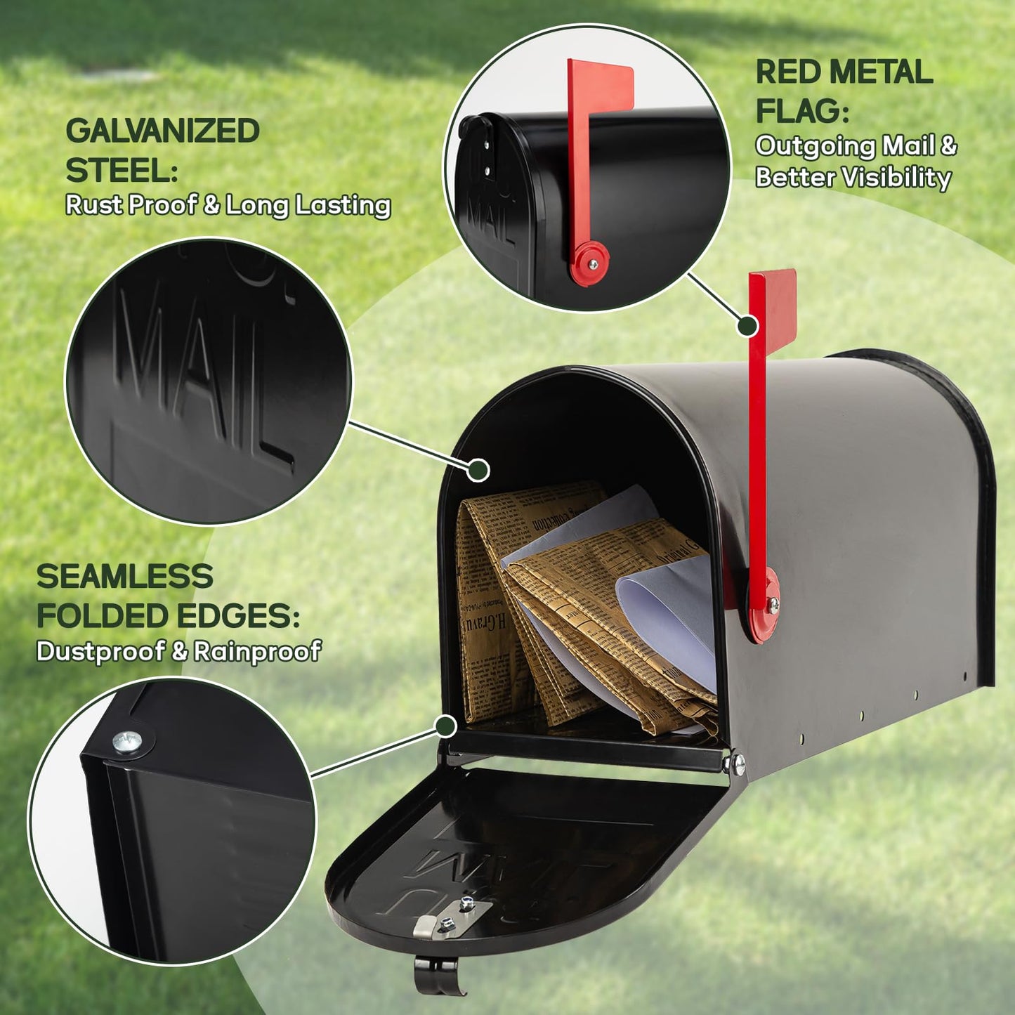 RAINHOL Black Metal Mailboxes for Outside Post Mount, Standard Mail Box, Galvanized Steel Heavy Duty Mailbox, Medium Capacity, 19 x 8.7 x 6.7 inches