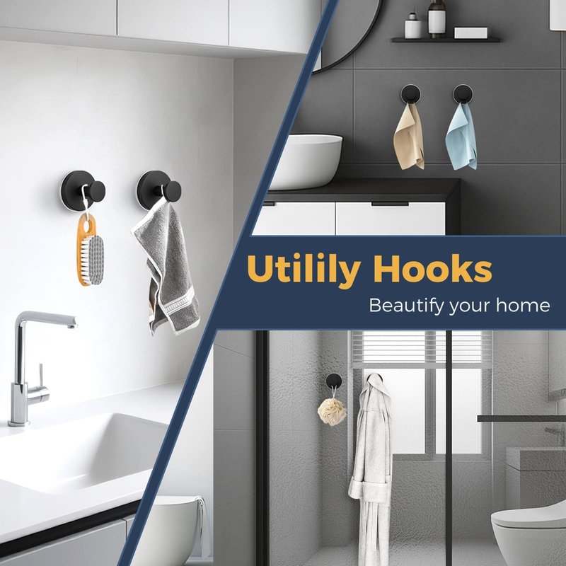 QQK Large Suction Cup Hooks for Shower,Glass Window&Door,Mirror,Reusable Shower Hooks,No-Drill Removable Towel Hooks for Bathroom,4 Packs(Matte Black)
