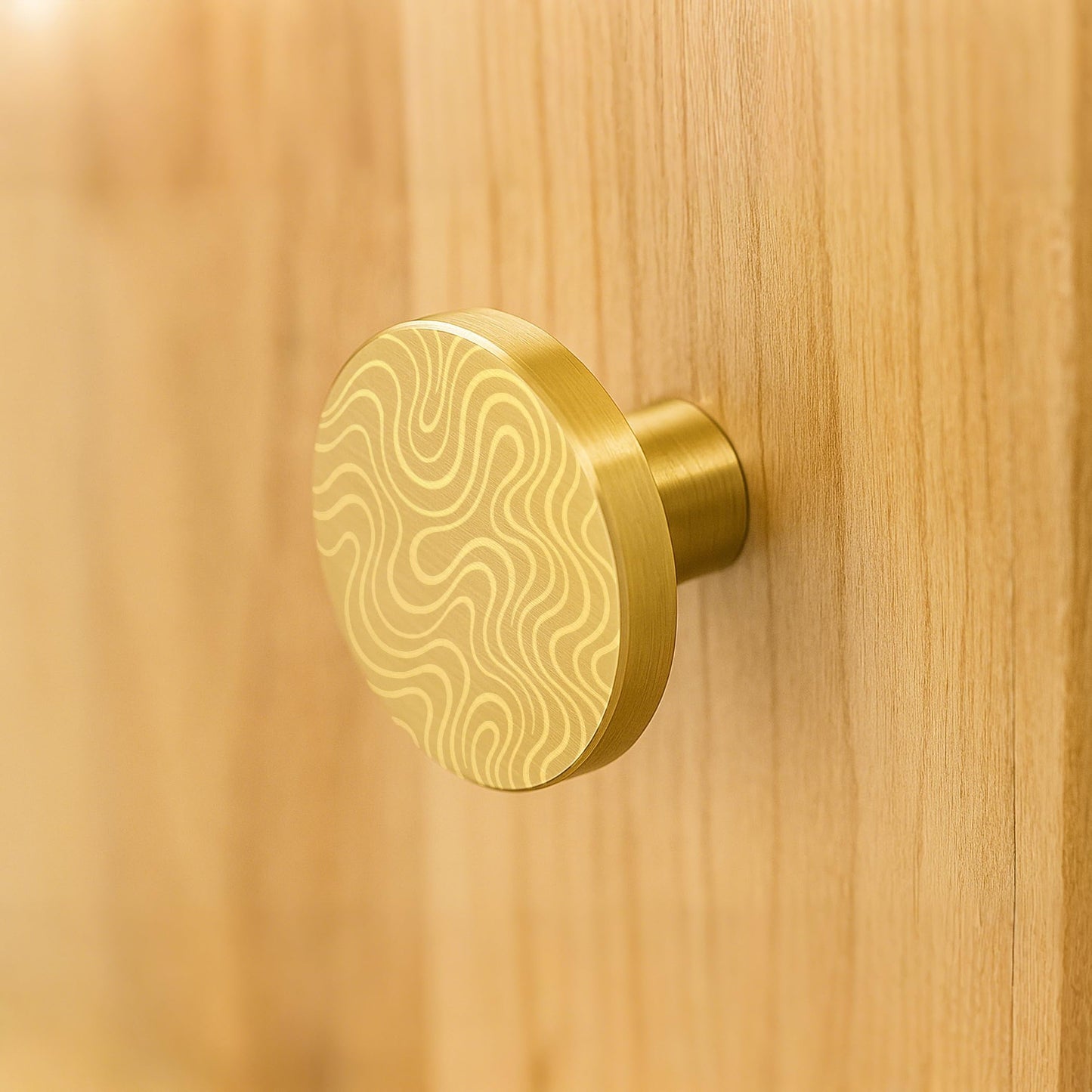 JKJOWPER 7-Pack 1 Inch Solid Brass Knobs - Round Brushed Gold Cabinet Knobs for Kitchen & Bathroom, Elegant Engraved Pattern, 2 Screw Sizes Included