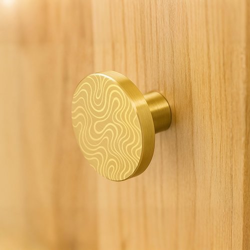 JKJOWPER 7-Pack 1 Inch Solid Brass Knobs - Round Brushed Gold Cabinet Knobs for Kitchen & Bathroom, Elegant Engraved Pattern, 2 Screw Sizes Included