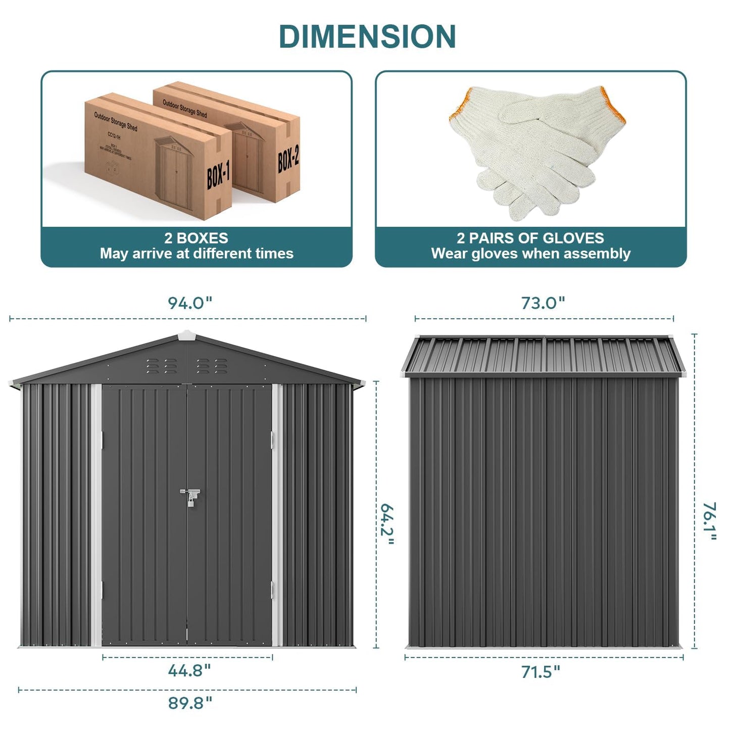 Gizoon Outdoor Storage Shed 8 x 6 FT, Galvanized Metal Garden Shed with Double Lockable Doors, Outdoor Storage Clearance for Backyard Patio Lawn-Dark Grey