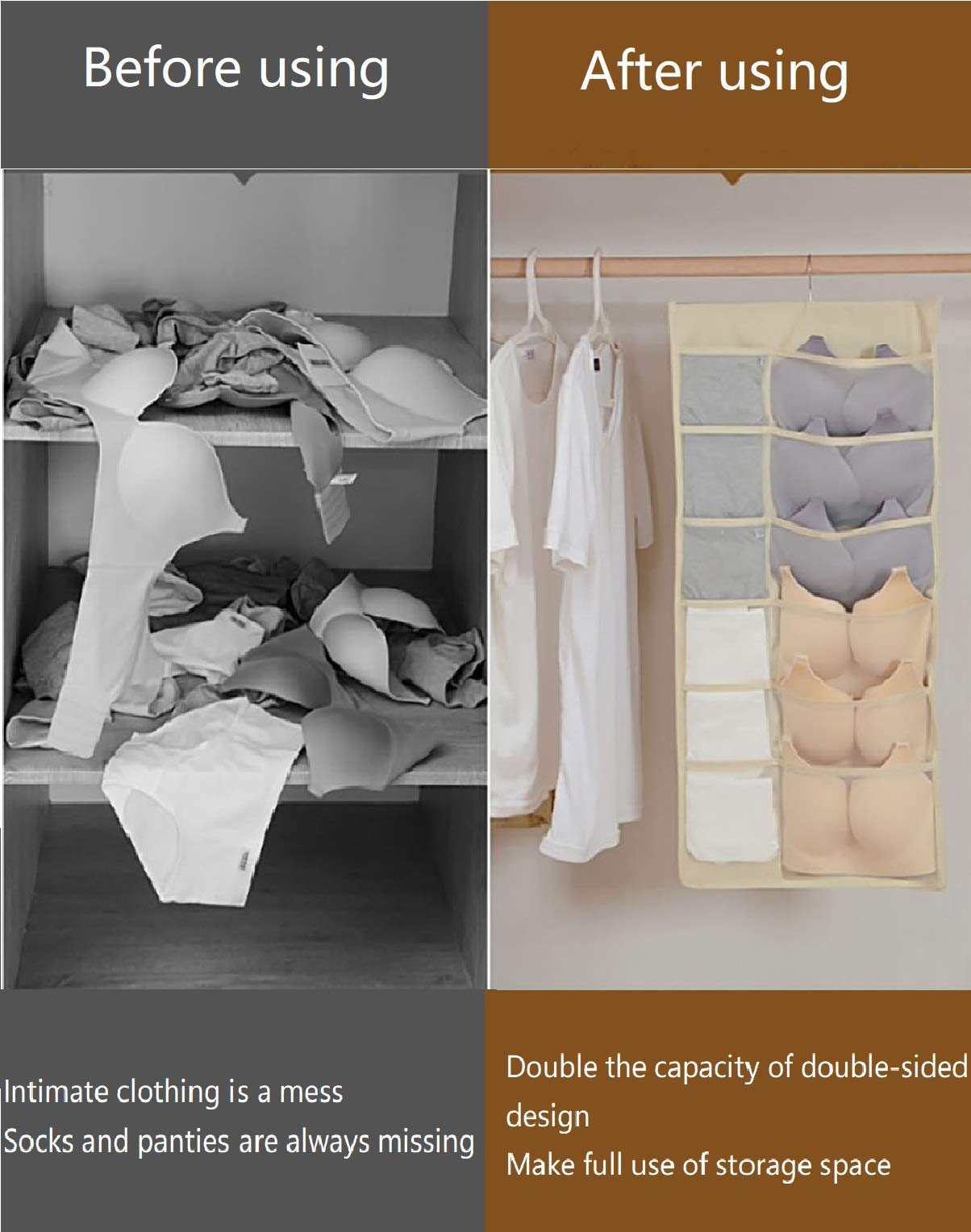 Newraturner Closet Hanging Organizer with Mesh Pockets & Rotating Metal Hanger,Dual Sided Wall Shelf Wardrobe Storage Bags,Oxford Cloth Space Saver Bag for Bra Underwear Underpants Socks (white)