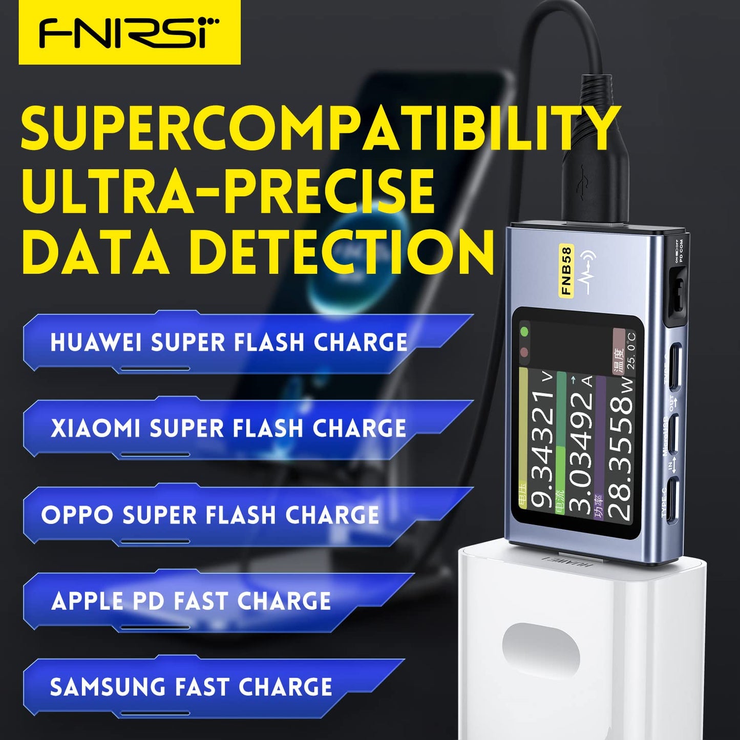 FNIRSI USB Tester 4-28V 7A LCD USB A&C Voltage Current Power Tester Multimeter with App Software, Fast Charge Detection Trigger Capacity Ripple Measurement, PD2.0/PD3.0,QC2.0/QC3.0