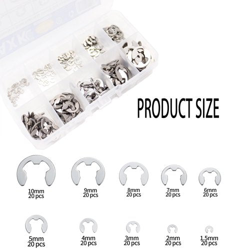 AXK 120/200 PCS/BOX 304 Stainless Steel Stainless Steel E Clip washer Assortment Kit Circlip retaining ring for shaft fastener M1.5~M10 (120)