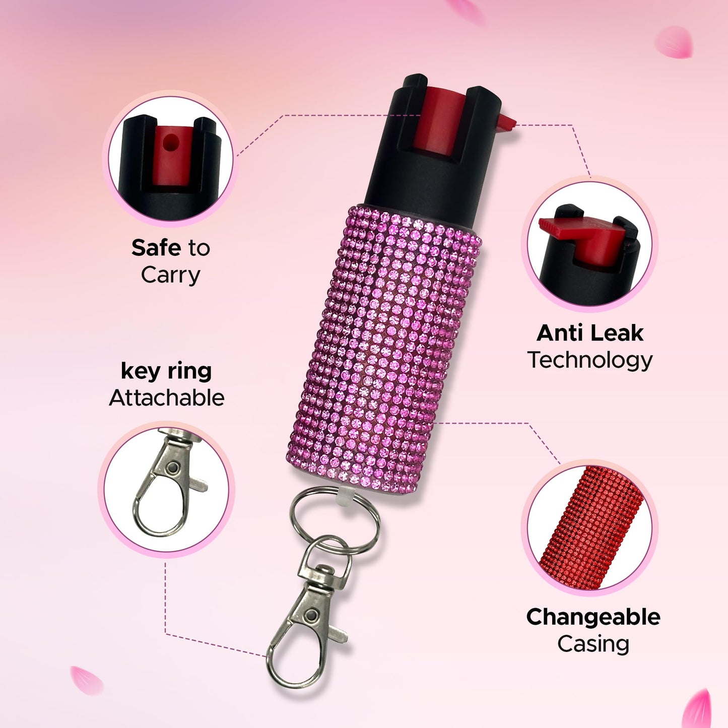 FURY Rhinestone Pepper Spray, 12ft Range, UV Dye Identifier, Police Strength, Made in USA, Stylish Multicolor, Self Defense, Everyday Safety, Slide Top (Pink)