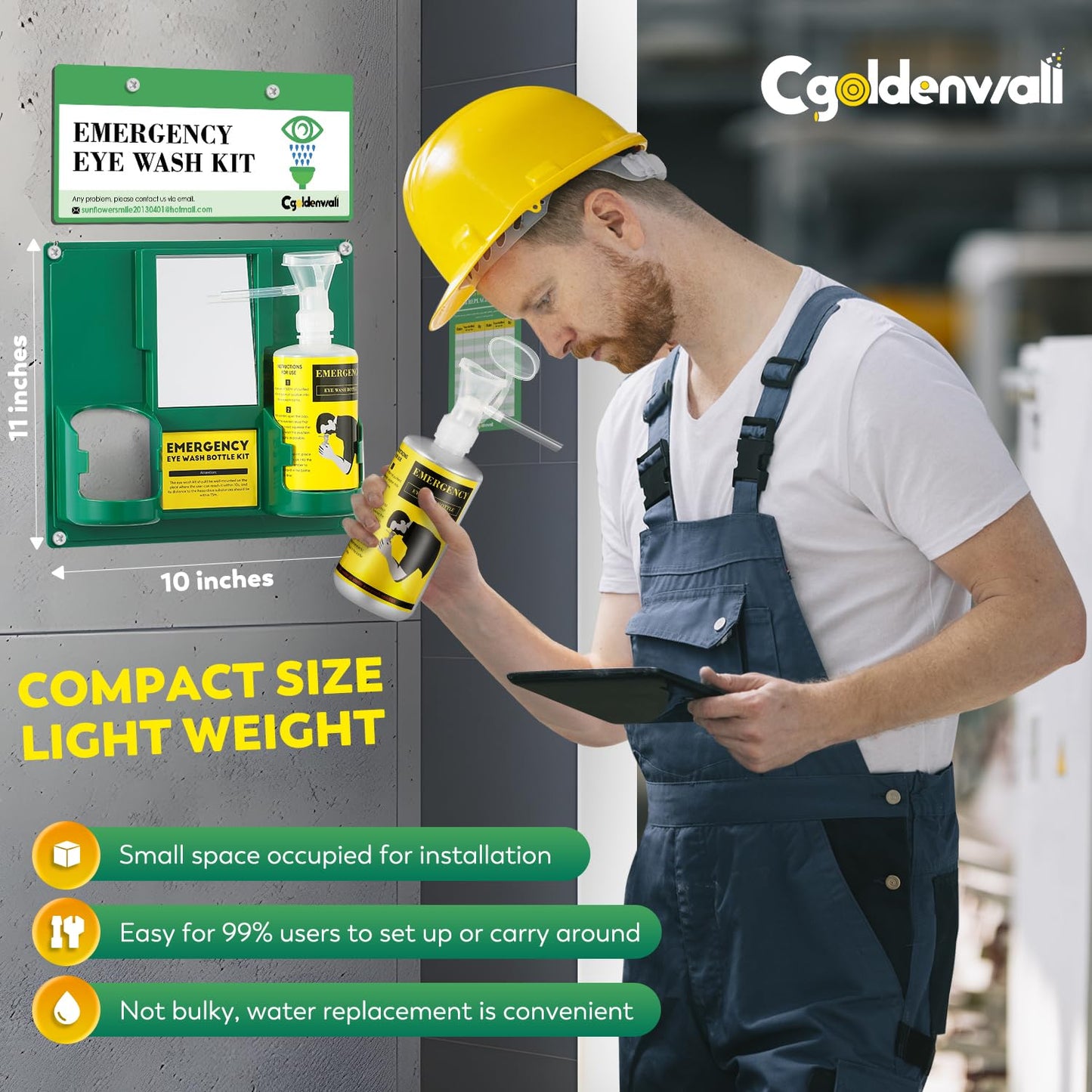 CGOLDENWALL Upgraded Portable Eye Wash Station OSHA Approved Emergency Eye Wash Kit, Sturdier Bottle Holder Larger Mirror, 2 * 16.9oz Empty Eyewash Bottles, NO Solution (White Cap)