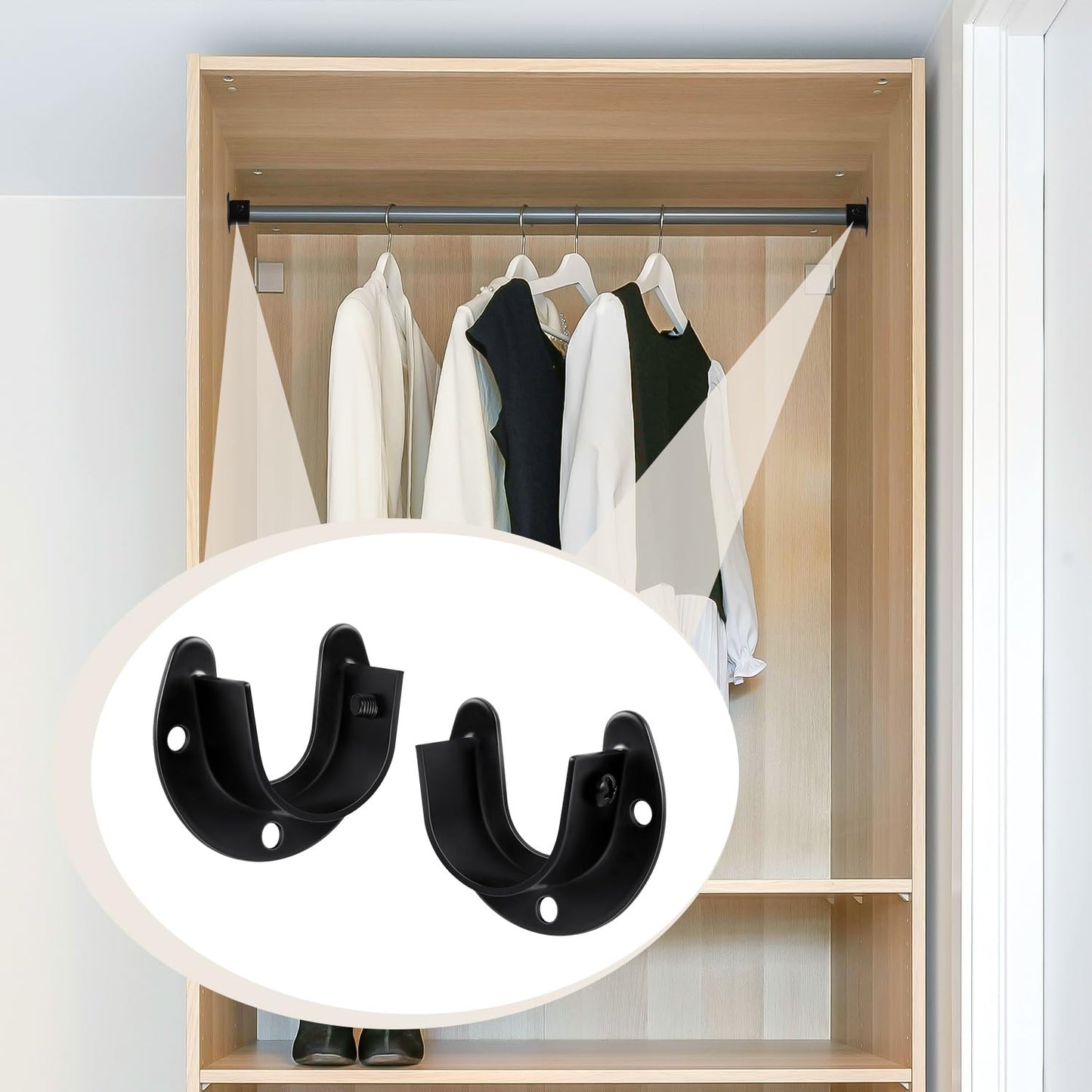 4 Packs Stainless Steel Wardrobe Bracket U-Shaped Rod Socket Flange 1-1/4" Diameter Heavy Duty ClosetBrackets End Supports for Closet Rod with Screws (Black)