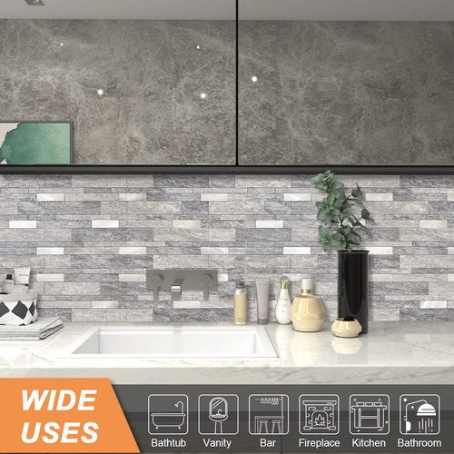 VAOVI Backsplash Tile Peel and Stick Kitchen Stone Subway Linear Mosaic Bathroom Shower Wall Waterproof(10pcs,Gray)
