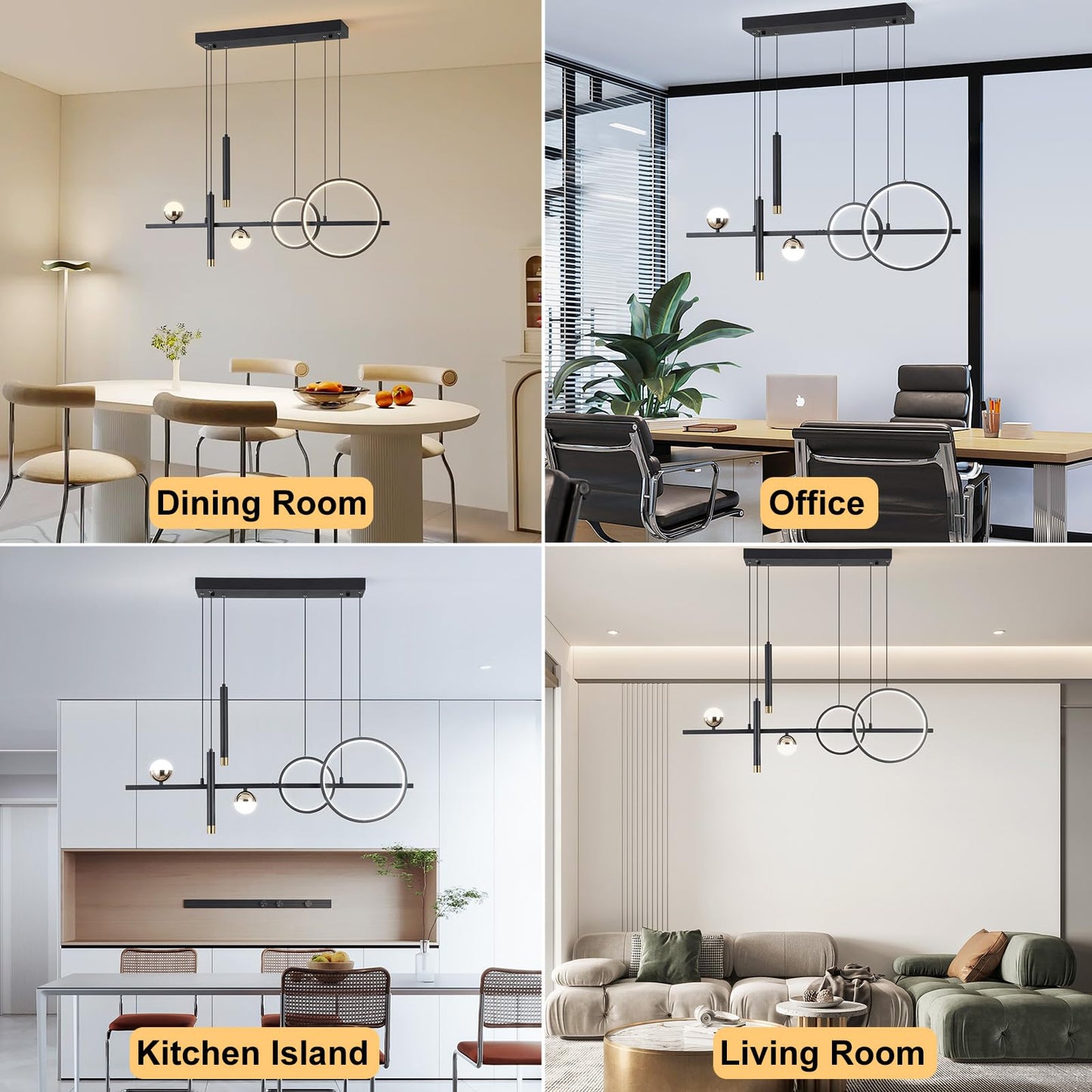 ORANOOR Modern LED Pendant Lights, Dimmable 39in Linear Wave LED Chandelier Lighting, Black & Gold Dining Room Hanging Light Fixtures Kitchen Island Globe Pendant Light for Dining Table (2704lm)
