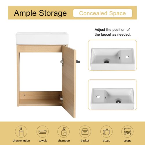16" Floating Bathroom Vanity with Sink, 16 inch Modern Brown Wall Mounted Bathroom Cabinet Combo for Small Space, Narrow Bath Wall-Hung Vanity Set with 1 Ceramic Basin and 1 Door(16cx)