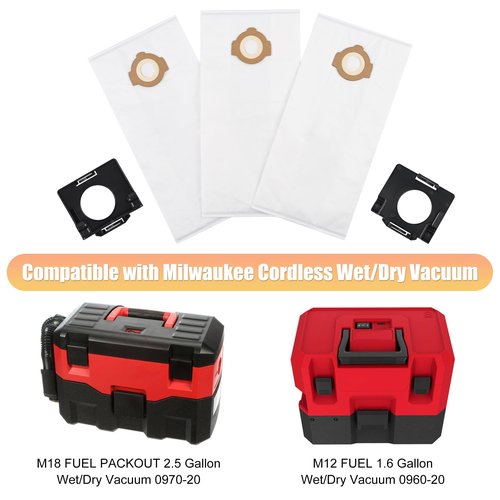 6 Pack 49-90-2016 Fleece Dust Bags Compatible with Milwaukee 0960-20 & 0970-20 Cordless Wet/Dry Packout Vacuums + 2 Pack Attachable Bag Holder (6 Bags 2 Holders)