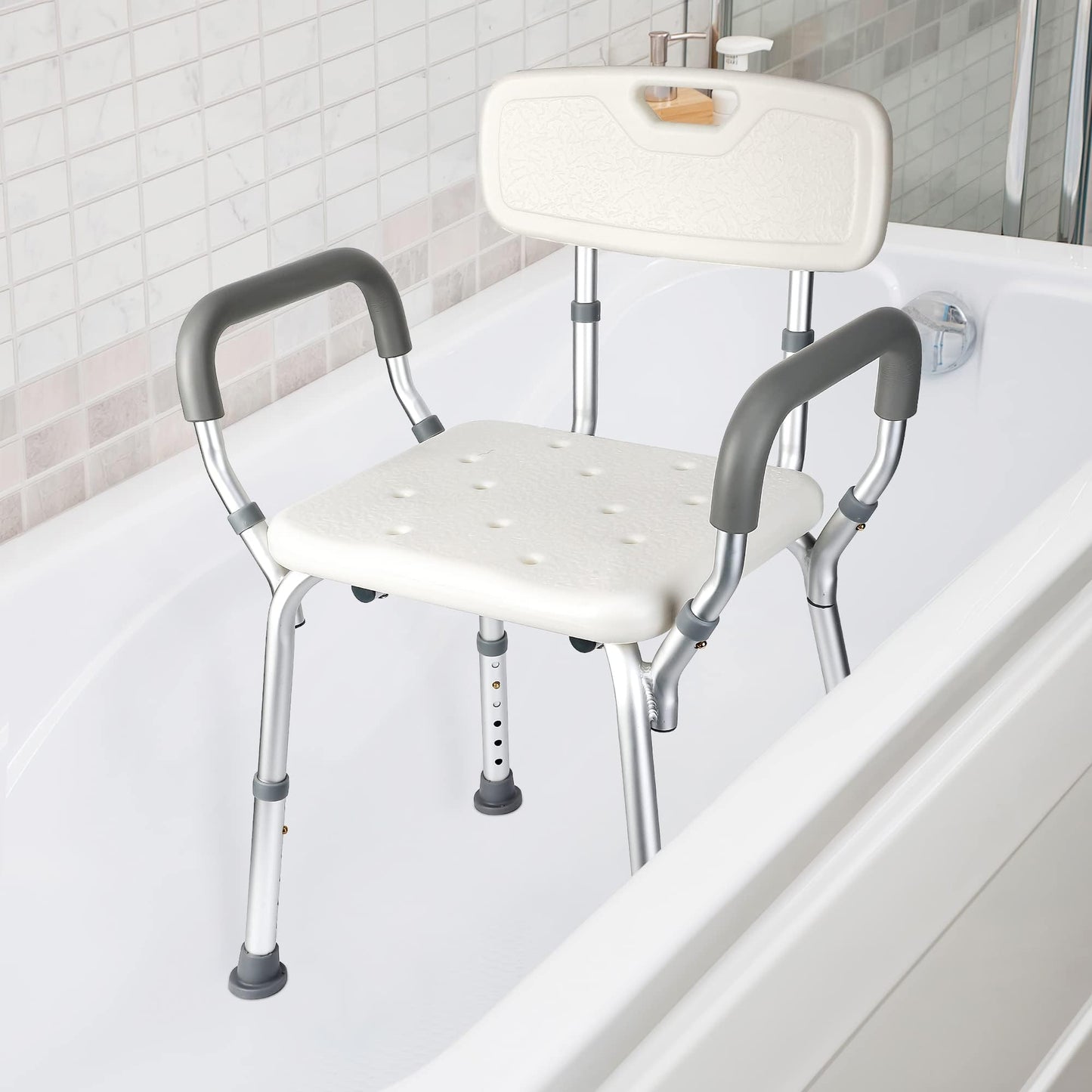 Shower Chair for Inside Shower, Adjustable Height Bath Stool with Nonslip Feet, Tub Chair with Padded Armrests & Back for Elderly and Disabled, 350 Lb Capacity, White