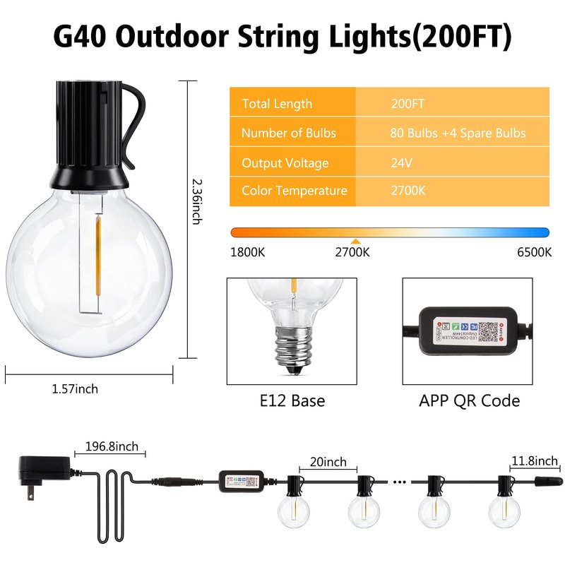 echosari Outdoor String Lights with APP Control, 200FT G40 LED String Lights for Outside with 84 Shatterproof Bulbs, Hanging Patio Lights for Balcony Apartments Backyard, Bistro,Garden, Porch, Party
