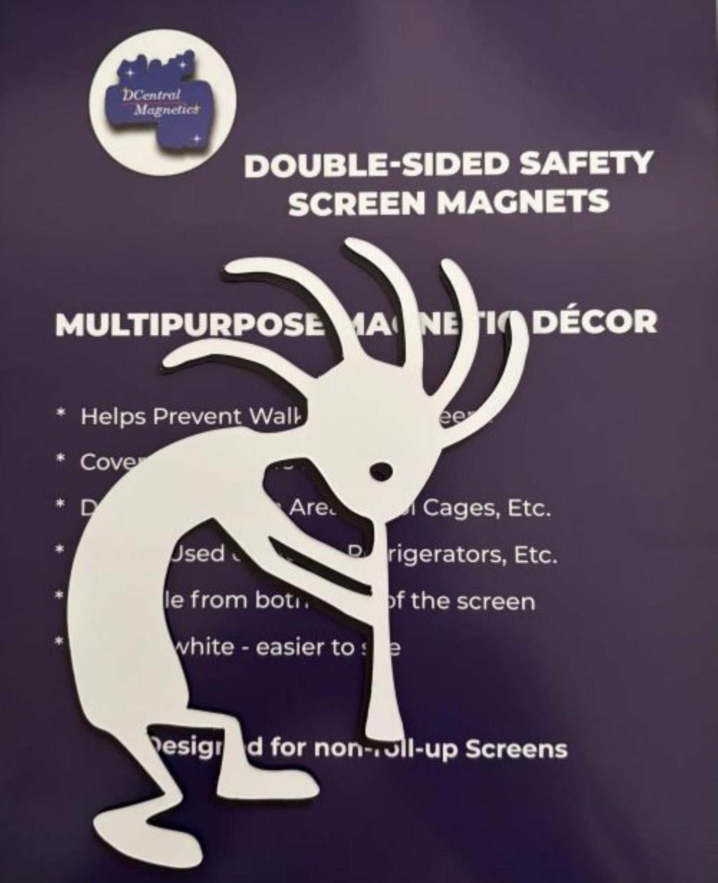 DCentral® Kokopelli Flexible Vinyl Safety Screen Magnets: Double-Sided. White-Easier to See Day & Night. Decorative. Helps Stop Walking into Screens, for Non-RETRACTABLES, Size W 3.75" x L 6.5"