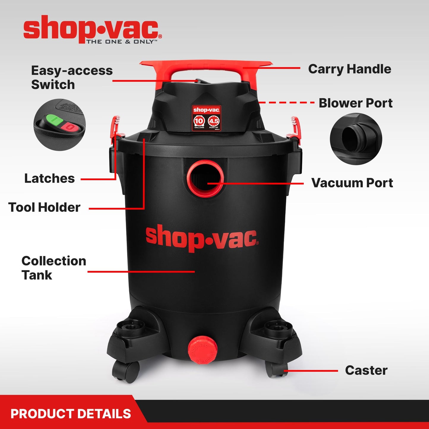 Shop-Vac 5430115 Wet/Dry Vacuum, 10 Gallon, 4.5 Peak HP, 1-7/8 Inch Diameter x 7 Foot Hose, 15 Foot Cord, Ideal for Jobsite, Garage, Workshop & Home