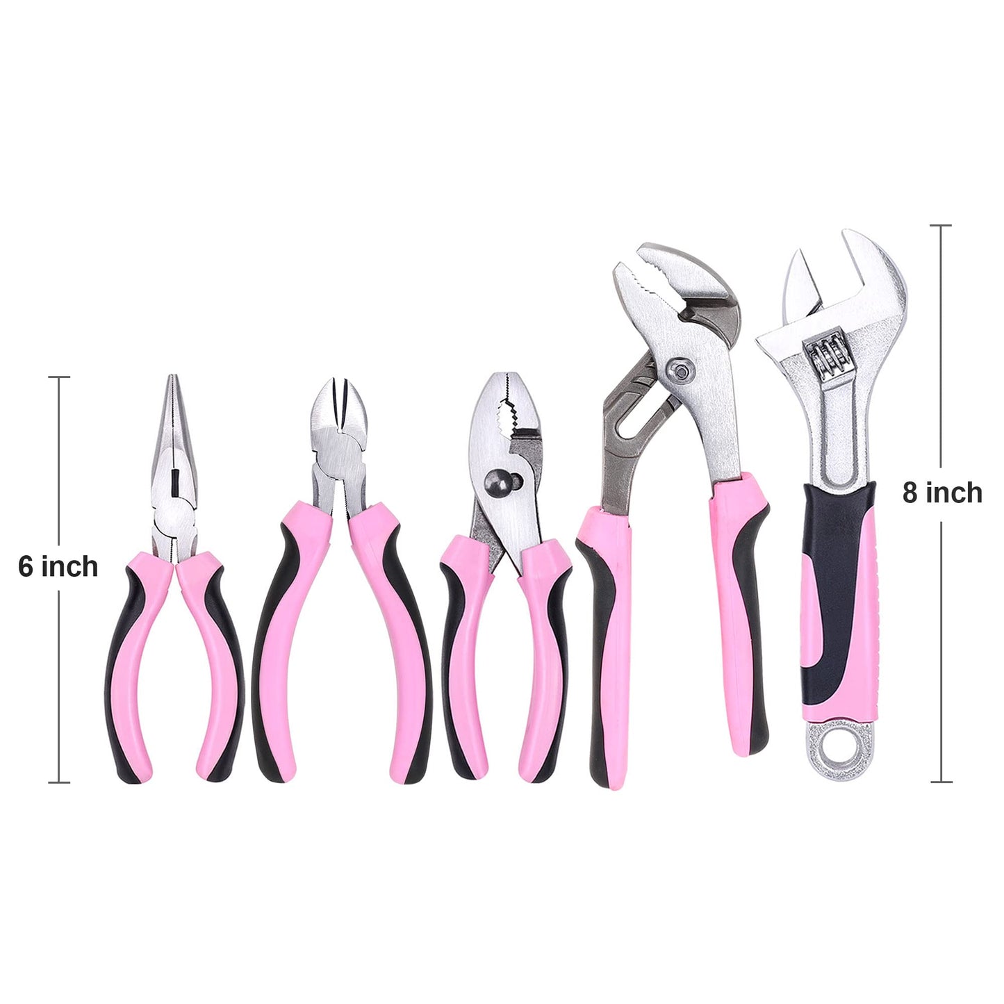 FASTPRO 5-Piece Pink Utility Pliers Set with Storage Bag, Includes Groove Joint, Diagonal, Long Nose, Slip Joint Pliers and 8" Adjustable Wrench
