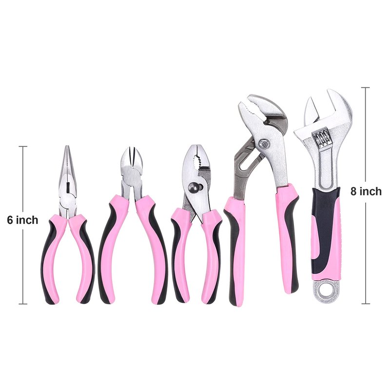 FASTPRO 5-Piece Pink Utility Pliers Set with Storage Bag, Includes Groove Joint, Diagonal, Long Nose, Slip Joint Pliers and 8" Adjustable Wrench