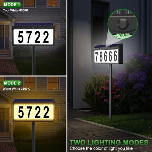 Solar House Numbers for Outside Light Up, Smart Auto ON/OFF Solar Address Sign, Cool/Warm White LED Illuminated Address Plaque for Yard, Home, Garden, Lawn and Street, IP65 Waterproof