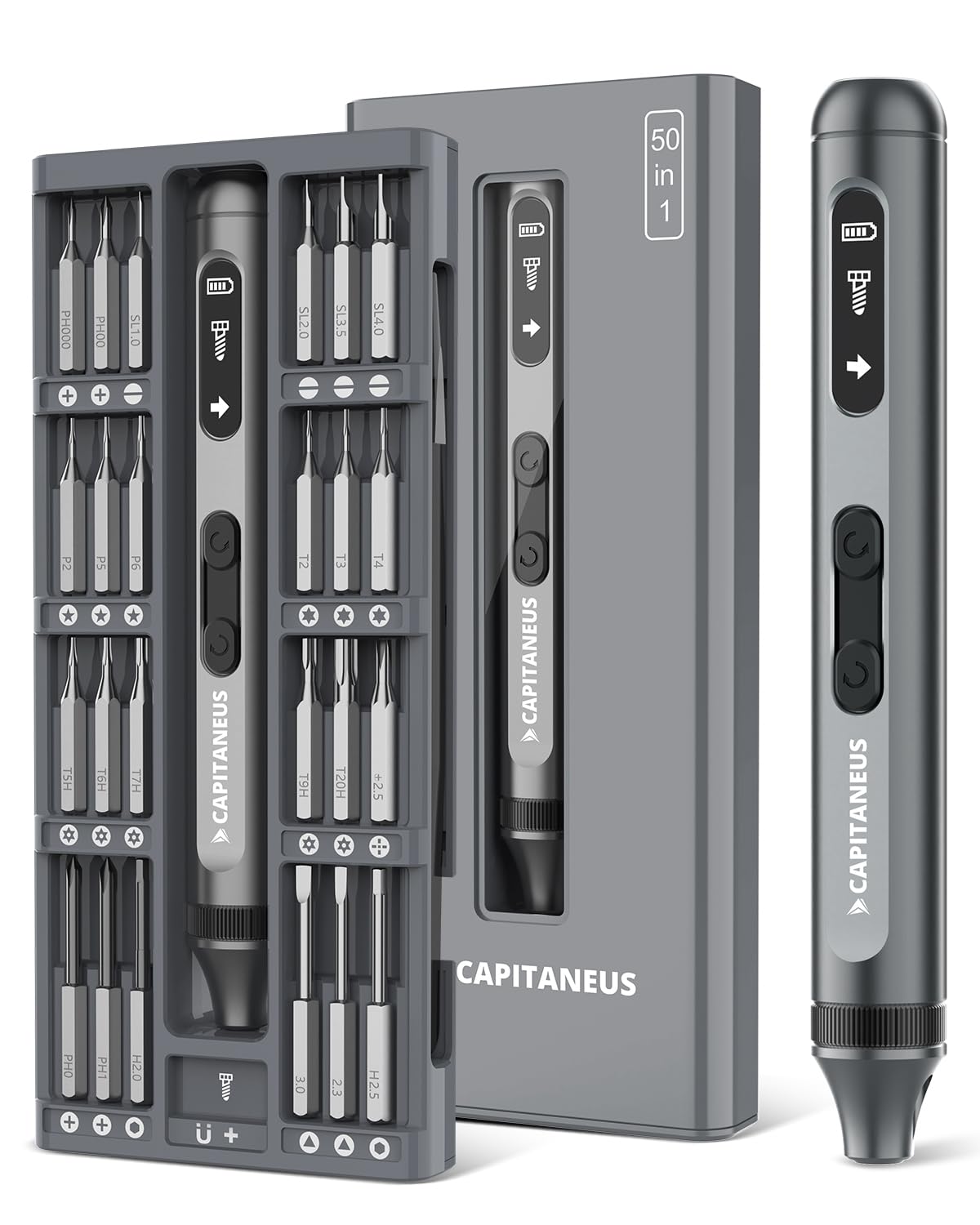 SE1 PRO 3.7V Mini Electric Screwdriver, Precision Set, 50-in-1 Magnetic Bits, Magnetic Storage, USB-C Charging Cable,Electric Screwdriver for Electronics Phone Camera Laptop Watch - Grey