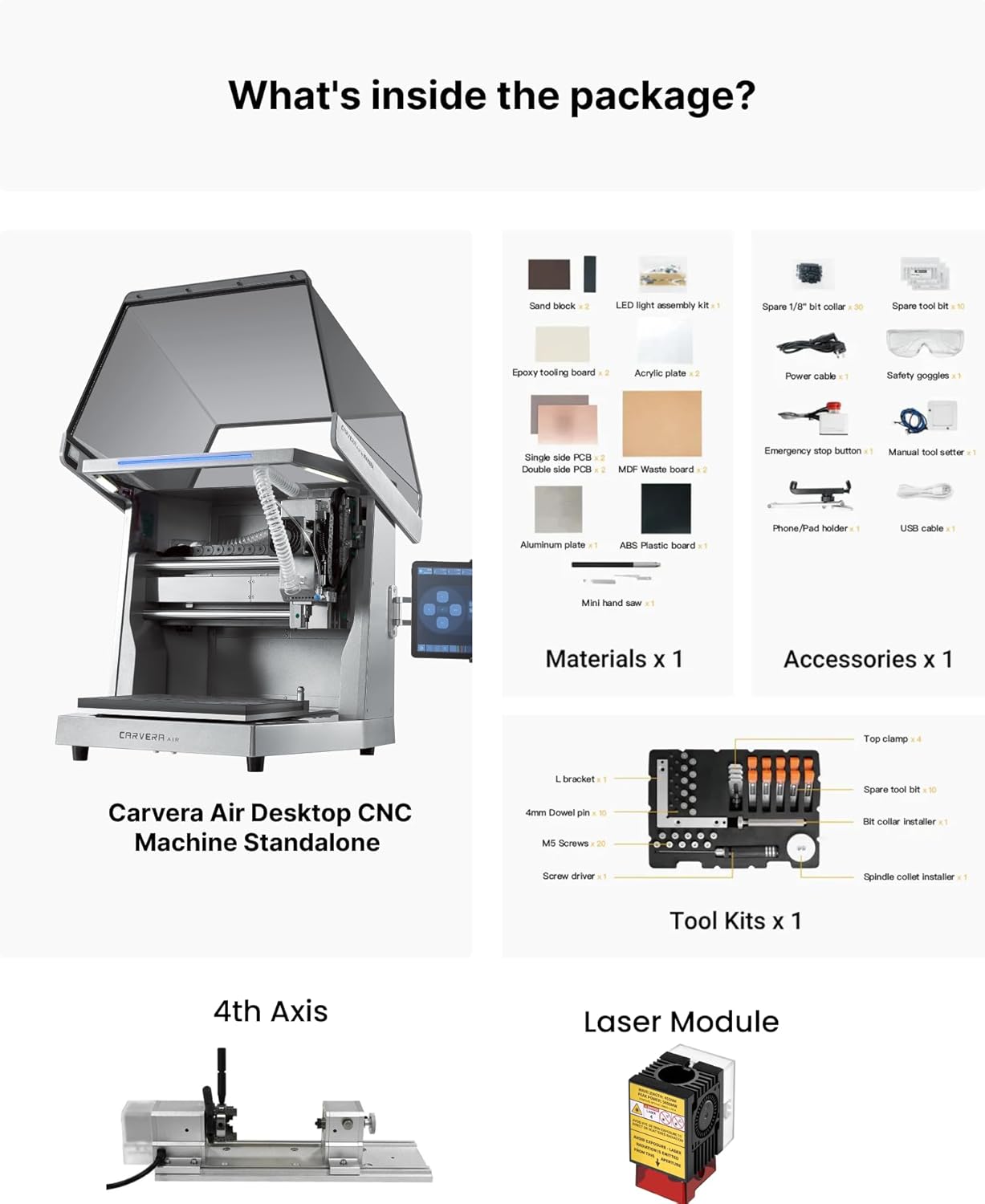Carvera Air Desktop CNC Machine with 4th Axis and Add-on Module by Makera, Compact Enclosed Mini CNC Router, Quick Tool Changer Closed-Loop Control, User-Friendly CAM for Milling,Cutting, DIY, Crafts