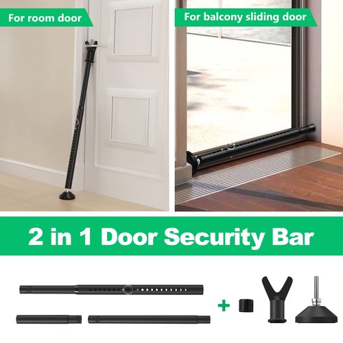 Door Stoppers Security Bar & Sliding Glass Door Lock Keep Your Home Security, Adjustable Jammer with Interchangeable Caps & Rubber Tips, Ideal for Apartment, Home and Travel Protection,Black(2Pack)
