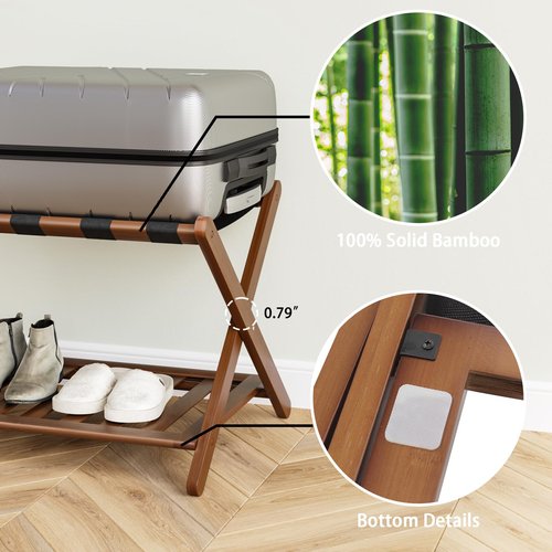 Smart FENDEE Fully Assembled Walnut Bamboo Luggage Rack with Shoe Shelf, Folding Suitcase Stand with 5 Heavy-Duty Straps, Large Wooden Luggage Holders for Guest Room, Ideal for Bedroom, Hotel