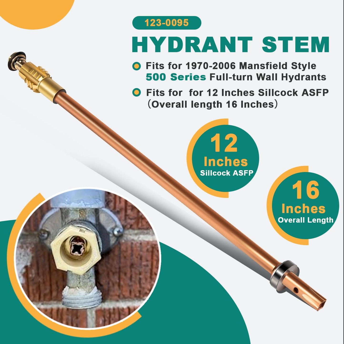 123-0095 Replacement Stem Assembly for Mansfield Style 500 Series Full-turn Hydrants Manufactured From 1970-2006, for 12 Inches Sillcock ASFP(Overall length 16 Inches)