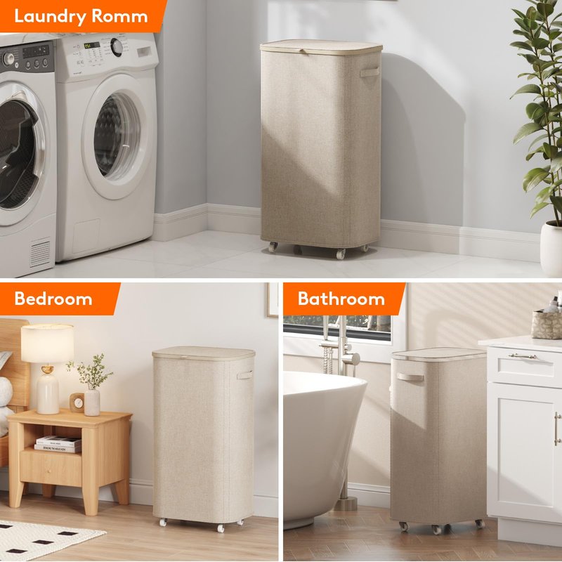 Lifewit 105L Plastic Laundry Basket with Lid, Large Clothes Hamper with Wheels and Removable Bag, Tall Collapsible Rolling Storage Bin for Dorm Bedroom Bathroom, Beige