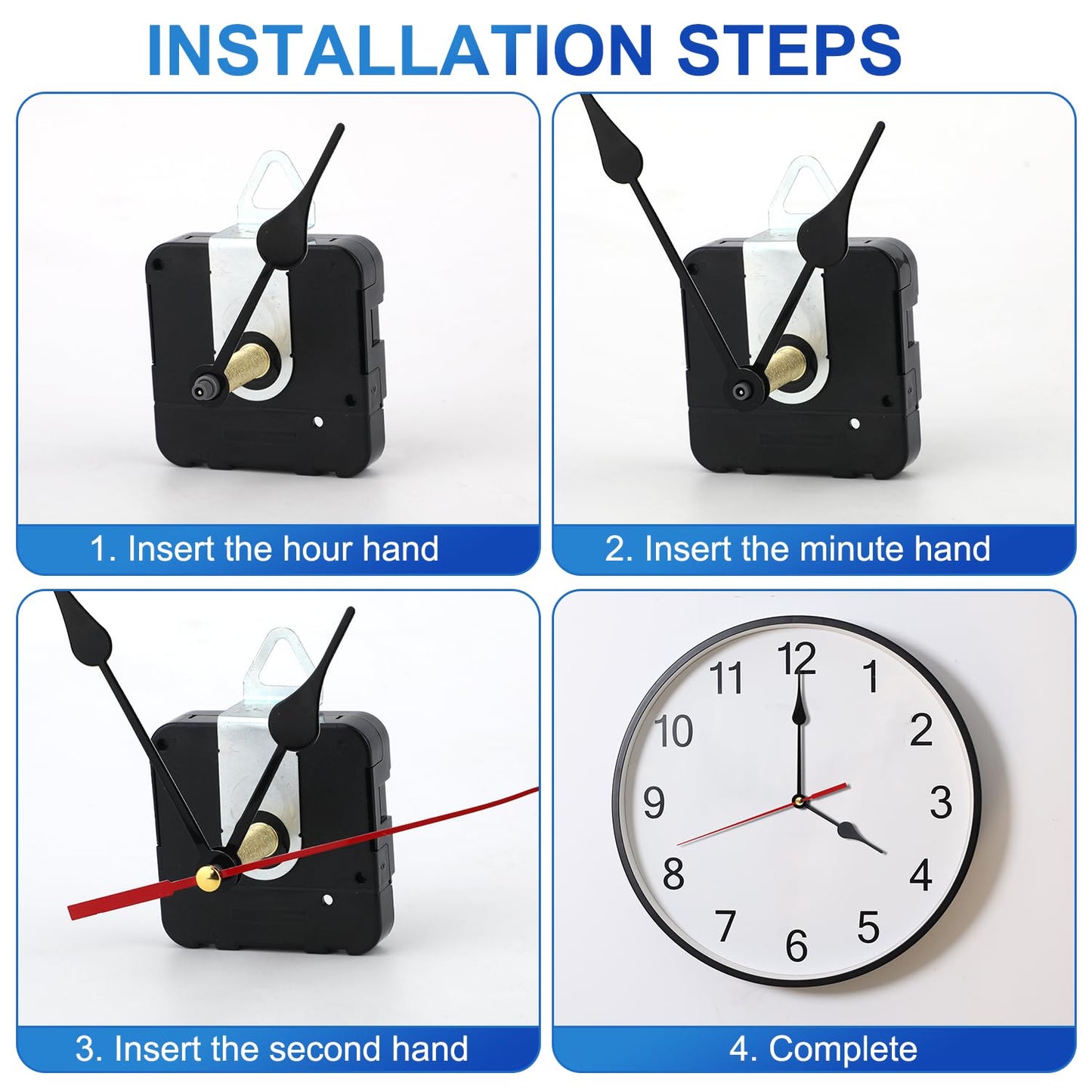 Gosknor Wall Clock Repair Kit, 1.26 Inch Quartz Long Shaft Clock Movement Replacement Mechanism Timepiece Repair Kit with Second/Minute/Hour Hand Parts