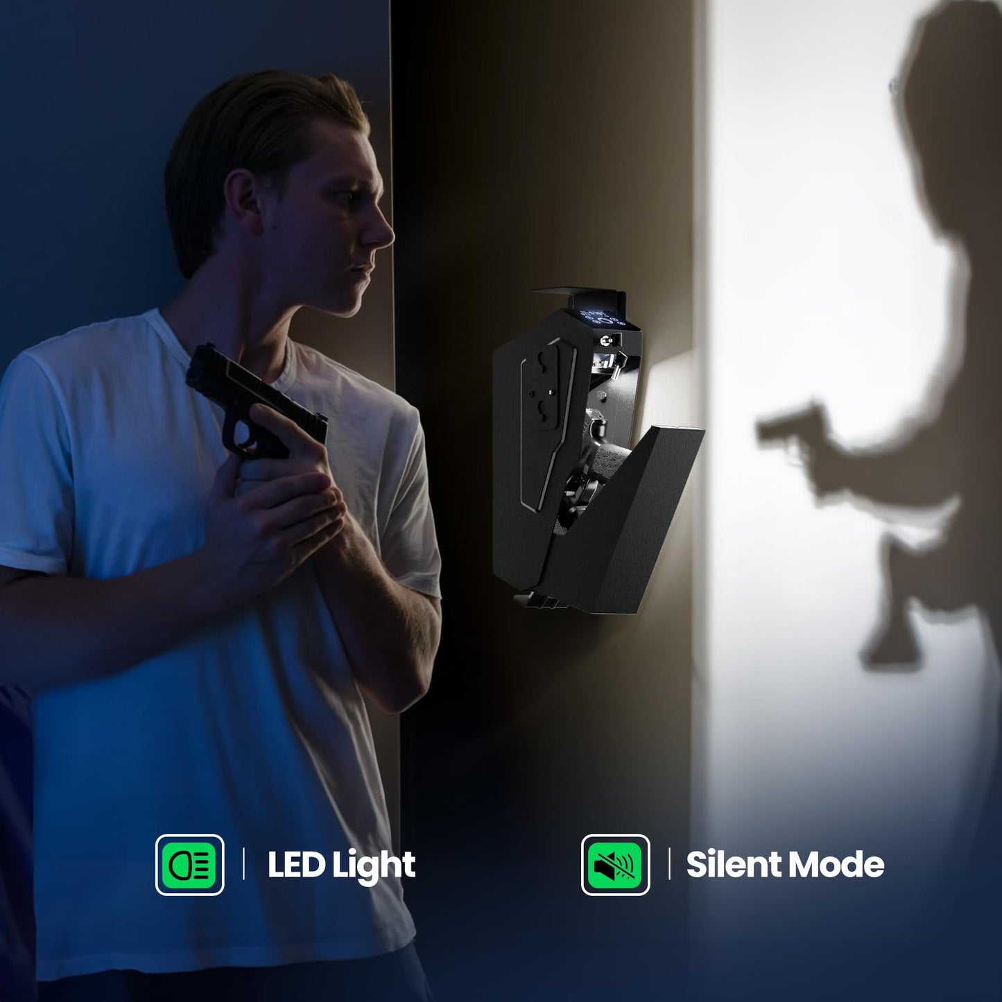 KornerBatl Quick Access Biometric Bedside Gun Safe for handgun, 2 in 1 Mounted Drop Down Nightstand Pistol Safe with Fingerprint & Passcode & Key 3 Ways