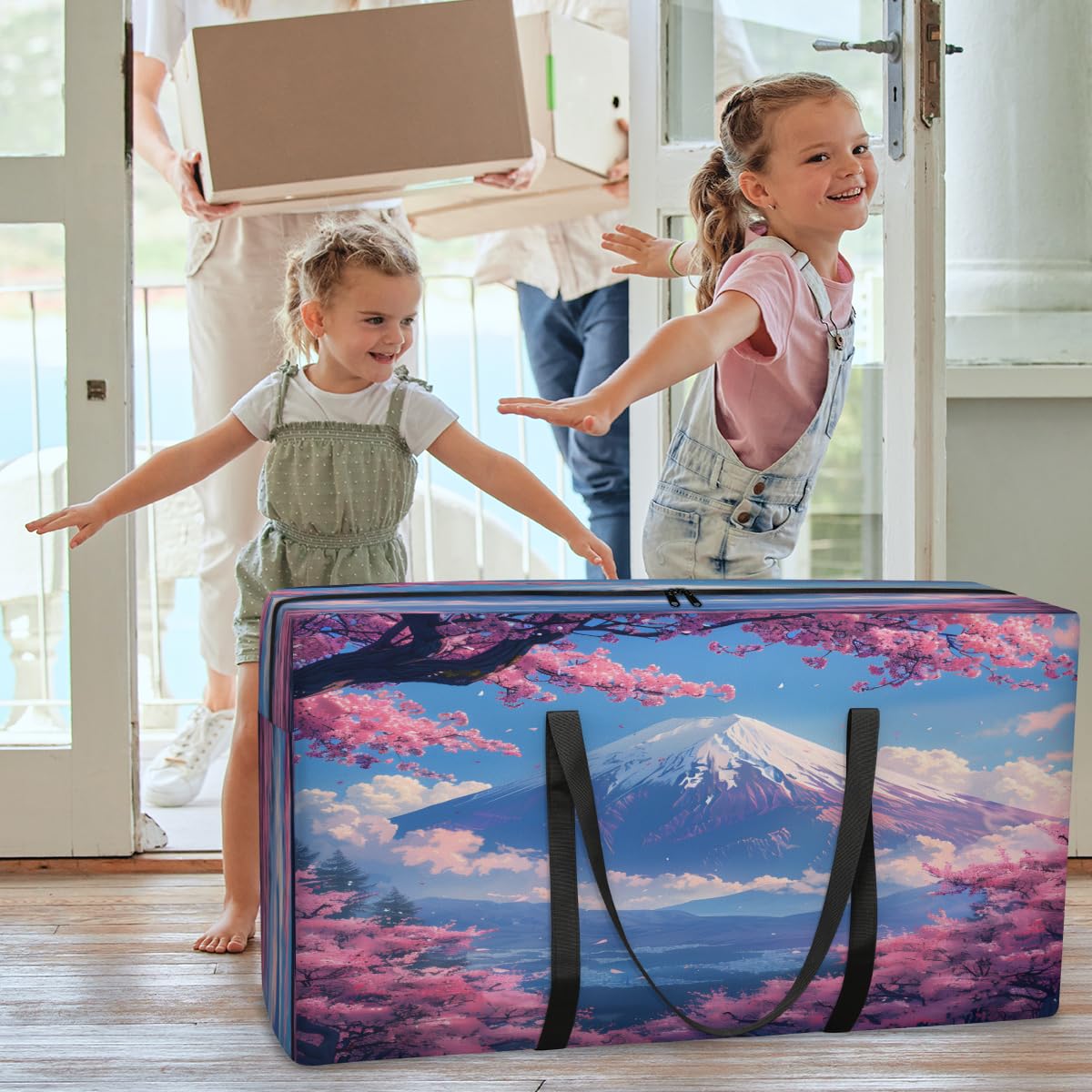 Adornori Asian Japanese Heavy Duty Extra Large Moving Bags, XXL Storage Totes Moving Boxes Cherry Blossom Mount Fuji Space Saving Packing Bags