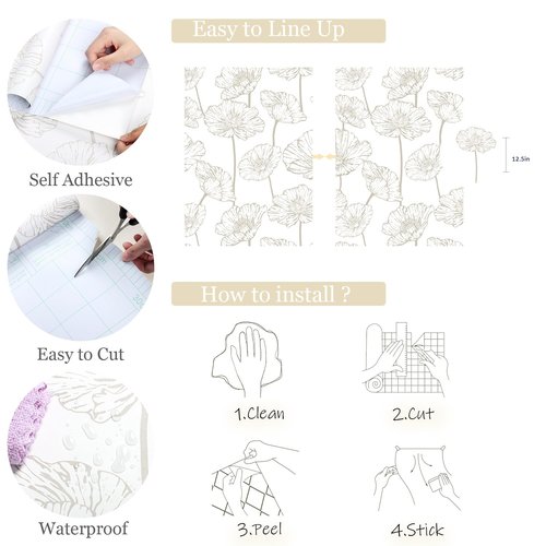 Orainege Peel and Stick Wallpaper Beige and White Floral Wallpaper 17.3inx118.1in Self Adhesive Contact Paper Removable Decorative Wall Paper for Bedroom Bathroom Cabinets Decor Vinyl