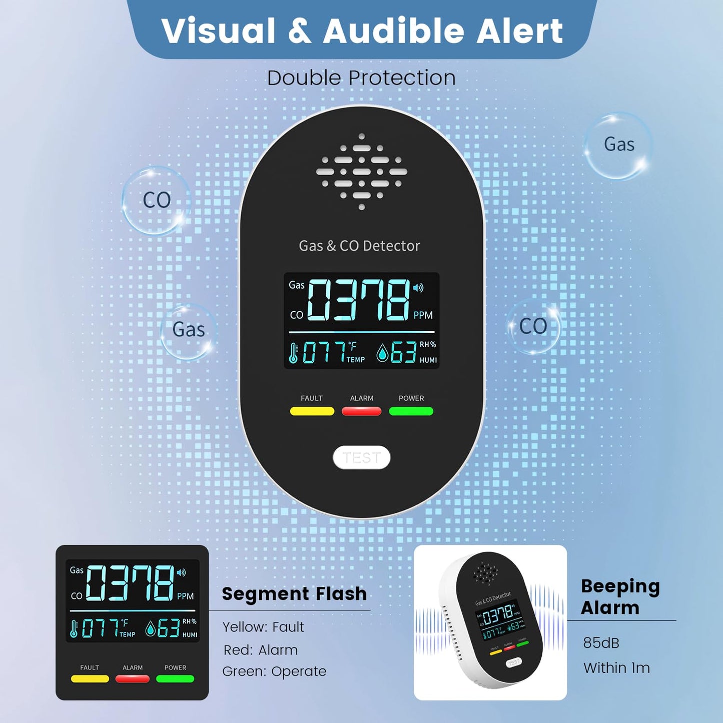 Carbon Monoxide Detectors,Plug in CO and Natural Gas Detector, Combination Gas & Carbon Monoxide Detectors for Travel with Temperature Humidity Display, 4 in 1 CO & Gas Detector for Home/Travel-Black