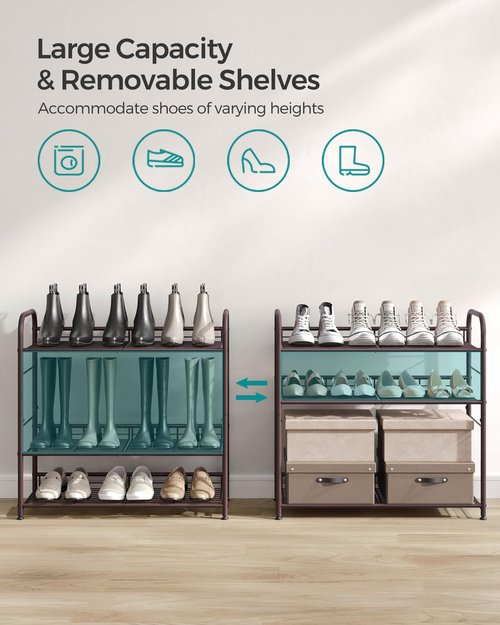 SONGMICS Stackable Shoe Rack, 4 Tier Metal Shoes Rack Storage Shelf, Holds up to 20 Pairs Shoes, Adjustable Slanted Shelves Tower Organizer for Closet Entryway Small Spaces, Bronze