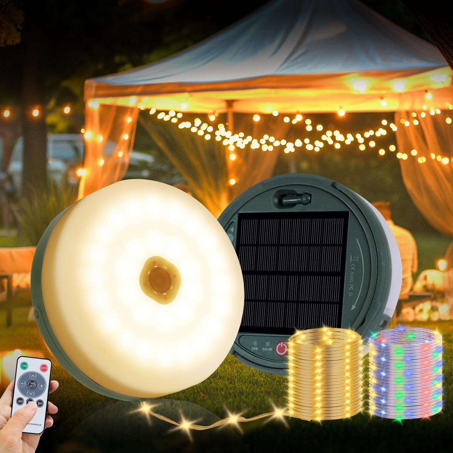 MGYIF Solar Camping String Lights with 180 LEDs, 33 FT Outdoor Fairy String Lights with 13 Lighting Modes & Timer, Waterproof & Rechargeable, Camping Gear for Tent, Yard, Garden, Hiking, Travel Decor