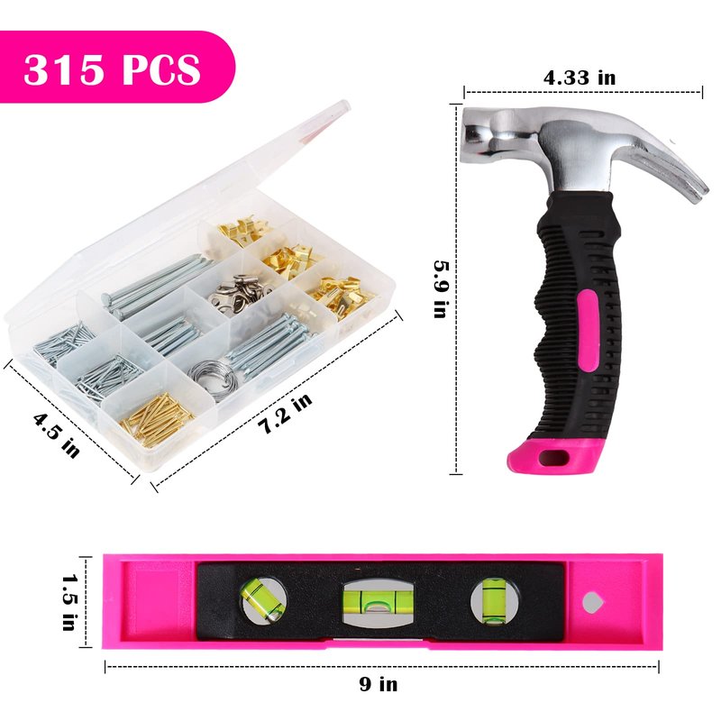 TOYIEW Picture Hanging Kit, 315pcs Hanging Hardware with Hooks, Wire, Nails, D Ring, Wall Hanging Kit with Hangers, Magnetic Level and Small Pink Claw Hammer, nails for hanging pictures for Home Decor