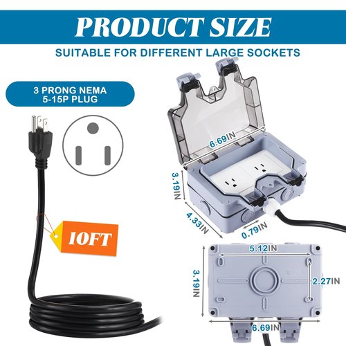 Kanayu 10 ft Outdoor Outlet Box with Extension Cord, Dual 15 AMP 5-15 Receptacles Weatherproof Waterproof IP66 Outdoor Exterior Socket with Cover, 14 AWG/3C SJTW Cord