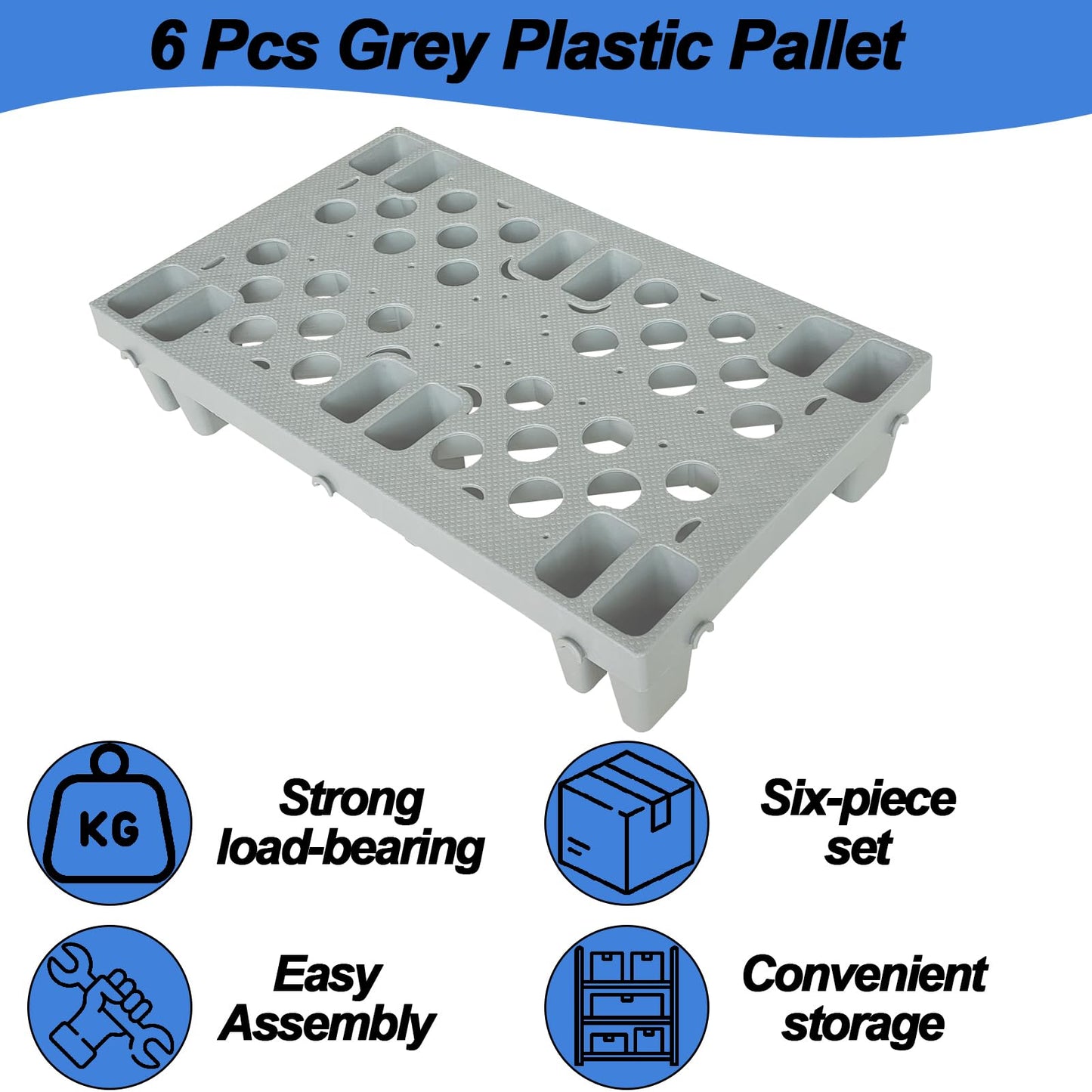 6 Pcs Grey Plastic Pallet, Lightweight Waterproof Floor Pallets, Interlocking with Breathable Grids Storage Pad, for Garages, Basement, Supermarket, Indoor and Outdoor