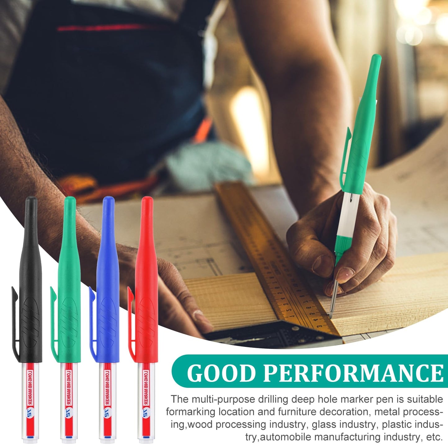 Heclia Long Nib Marker 4 PCS Long Head Deep Hole Marker Pens Multi Purpose Deep Reach Markers Waterproof Construction Long-Nose Markers Quick Dry Carpenter Pen for Bathroom Woodworking Marking Tool