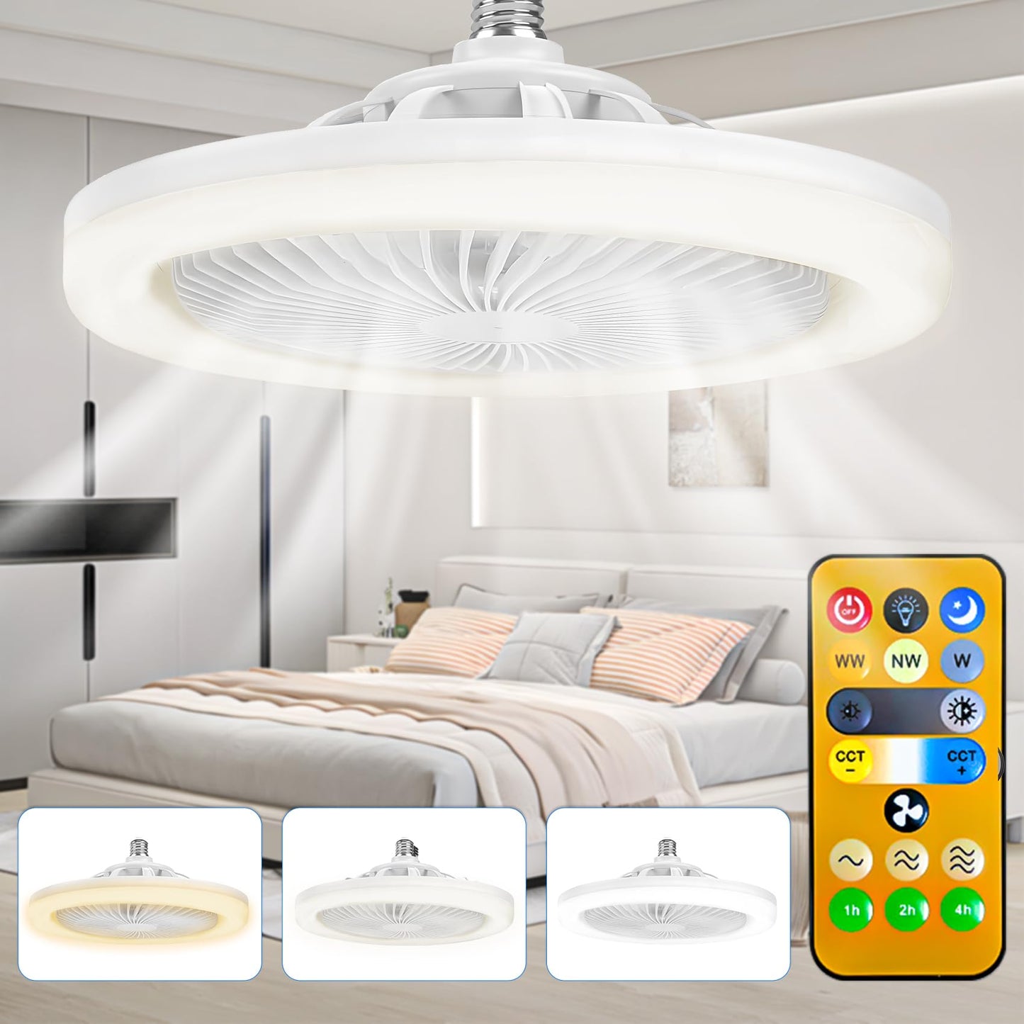 LEOONER Socket Fan Light with Remote,10" Small Ceiling Fans with Lights, 2000 Lumens Dimmable Led Bulb, 3 Colors 3000K-6500K, Easy Install Screw in E26 Base for Bedroom Living Room Kitchen Garage