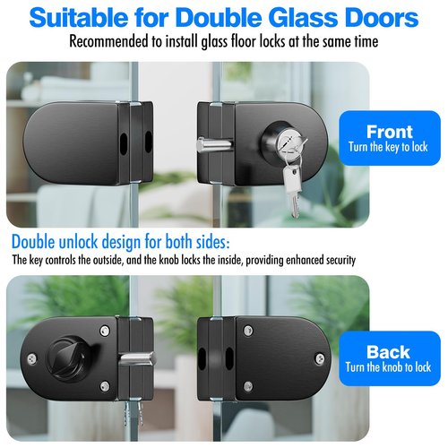 Ranbo Frameless Double-Sided Glass Door Lock,No-Drill, 304 Stainless Steel,Suitable for 3/8''-1/2''(10mm-12mm) Sliding Glass Doors, Office Doors, Commercial Doors, Includes 3 Keys, Brushed Black