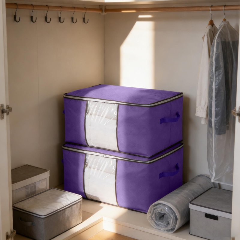 Clothes Storage Bags 2Pcs, Foldable Comforters Storage Containers with Handle, Organizers Bins for Bedding, Pillows and Blanket(Purple)